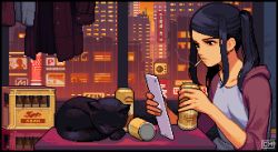 Rule 34 | alcohol, animated, animated gif, beer, beer bottle, beer can, black cat, black hair, can, cat, cigarette, drink can, fore, indoors, jill stingray, long hair, pixel art, rain, reading, shroedinger, sidelocks, smoke, twintails, va-11 hall-a, window