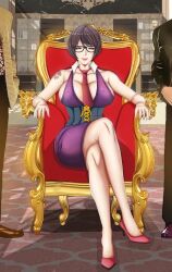 Rule 34 | 1girl, assertive female, breasts, chair, cleavage, glasses, looking at viewer, mature female, milf paradise, no bra, original, sd 81, sitting, sitting on object, skirt