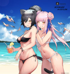 Rule 34 | 2girls, animal ear fluff, animal ears, arknights, beach, bendy straw, bikini, black bikini, blue feathers, blue sky, blunt bangs, blurry, blurry background, blush, bracelet, breasts, brown eyes, ceylon (arknights), character name, cleavage, cloud, commentary request, copyright name, cup, day, depth of field, double bun, drink, drinking glass, drinking straw, ear piercing, feather hair, feathers, food, fruit, grin, hair between eyes, hair bun, hands on another&#039;s shoulders, high ponytail, highres, holding, holding cup, horizon, jewelry, kuhnowushi, lemon, lemon slice, long hair, md5 mismatch, medium breasts, multiple girls, navel, ocean, outdoors, parted lips, piercing, pink hair, ponytail, resolution mismatch, schwarz (arknights), side-tie bikini bottom, sky, smile, source larger, swimsuit, tail, v-shaped eyebrows, very long hair, water, wet, white bikini, yellow eyes