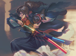 Rule 34 | 1boy, absurdres, animalization, artist request, black hair, black hakama, black kimono, closed mouth, dog, drawing sword, fate/grand order, fate (series), from side, hakama, hakama skirt, highres, holding, holding sword, holding weapon, japanese clothes, katana, kimono, long hair, looking at viewer, okada izou (dog) (fate), okada izou (fate), pomeranian (dog), ponytail, profile, red scarf, scabbard, scarf, sheath, skirt, sparks, sword, weapon, yellow eyes