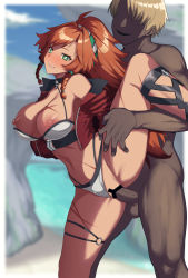 Rule 34 | 1boy, 1girl, bare shoulders, beach, bikini, bikini bottom aside, blonde hair, blurry, blurry background, blush, braid, breasts, clothed female nude male, clothed sex, clothing aside, collarbone, final fantasy, final fantasy brave exvius, green eyes, hetero, highres, jacket, jonylaser, large breasts, leg lift, lilyth (ffbe), long hair, long sleeves, looking at viewer, navel, nipples, nude, off shoulder, open clothes, open jacket, orange hair, penis, ponytail, pussy, red jacket, scar, sex, sex from behind, short hair, sidelocks, smile, spread legs, swimsuit, thighs, twin braids, vaginal, white bikini