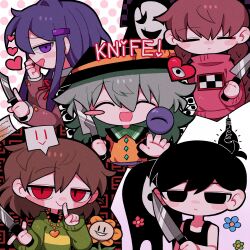 Rule 34 | 1boy, 4girls, absurdres, black hair, black hat, blue hair, blush, brown hair, chara (undertale), chibi, closed eyes, collar, crossover, doki doki literature club, drooling, english text, finger to mouth, flowey (undertale), frilled collar, frilled sleeves, frills, green hair, hat, highres, holding, holding knife, index finger raised, knife, komeiji koishi, light bulb, looking ahead, looking at viewer, madotsuki, mouth drool, multiple girls, omori, open mouth, red hair, ribbon, shirt, smile, third eye, touhou, undertale, w.d. gaster, yellow ribbon, yellow shirt, yume nikki, yuri (doki doki literature club), zunusama