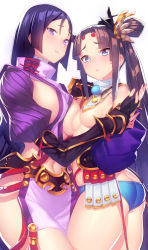 Rule 34 | 2girls, armor, ass, asymmetrical docking, black gloves, black hair, blue eyes, blue panties, breast press, breasts, contrapposto, cowboy shot, fate/grand order, fate (series), fingerless gloves, from side, gloves, highres, holding another&#039;s wrist, japanese armor, kanjy00u, kusazuri, large breasts, long hair, looking at viewer, medium breasts, minamoto no raikou (fate), multiple girls, navel, panties, parted bangs, pom pom (clothes), ponytail, purple eyes, purple hair, revealing clothes, sideboob, simple background, standing, turtleneck, underwear, ushiwakamaru (fate), white background