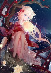 Rule 34 | 1girl, absurdres, animal ear fluff, animal ears, bare tree, barefoot, blonde hair, blue eyes, blush, bow, closed mouth, commentary request, floating hair, flower, fox ears, frilled kimono, frills, hair bow, highres, japanese clothes, kimono, long hair, long sleeves, looking at viewer, night, night sky, original, peas (peas0125), red bow, red flower, red kimono, revision, sitting, sky, sleeves past fingers, sleeves past wrists, solo, star (sky), starry sky, tail, tree, very long hair