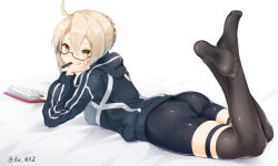 Rule 34 | 1girl, ahoge, an mrz, artoria pendragon (all), artoria pendragon (fate), ass, bike shorts, black thighhighs, blonde hair, book, braid, breasts, fate/grand order, fate (series), feet, french braid, glasses, hair between eyes, highres, hood, hoodie, looking at viewer, looking back, lying, mysterious heroine x alter (fate), mysterious heroine x alter (second ascension) (fate), no shoes, on stomach, saber (fate), shiny clothes, short hair, sideboob, soles, solo, thighhighs, toes