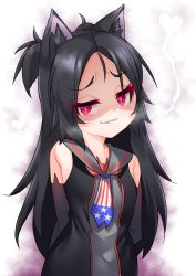 Rule 34 | 1girl, american flag, american flag print, animal ear fluff, animal ears, arms behind back, azur lane, bare shoulders, black dress, black gloves, black hair, breasts, cat ears, commentary request, covered navel, dark persona, dress, elbow gloves, flag print, gloves, glowing, glowing eyes, grey sailor collar, heart, heavy breathing, highres, kirisame mia, long hair, looking at viewer, naughty face, parted bangs, parted lips, print neckwear, purple eyes, sailor collar, sailor dress, sims (azur lane), sleeveless, sleeveless dress, small breasts, smirk, solo, two side up, upper body, very long hair