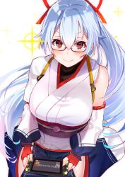 Rule 34 | 1girl, absurdres, bare shoulders, blue pants, blush, breasts, closed mouth, commentary request, detached sleeves, fate/grand order, fate (series), felnemo, fingerless gloves, fingernails, fujimaru ritsuka (female), glasses, gloves, hair between eyes, hair ribbon, highres, holding, japanese clothes, kimono, long hair, long sleeves, medium breasts, meta, nintendo switch, obi, pants, puffy long sleeves, puffy pants, puffy sleeves, red-framed eyewear, red eyes, red gloves, red ribbon, ribbon, riyo (lyomsnpmp) (style), sash, semi-rimless eyewear, sidelocks, silver hair, simple background, single detached sleeve, single sleeve, sitting, smile, solo, sparkle, tomoe gozen (fate), under-rim eyewear, very long hair, wariza, white background, white kimono