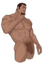 Rule 34 | 1boy, abs, ass, bara, beard, brown hair, completely nude, cropped legs, facial hair, flaccid, highres, large pectorals, male focus, male pubic hair, muscular, muscular male, navel, navel hair, nipples, nude, original, pectorals, penis, powerlesssong, pubic hair, short hair, solo, stroking beard, testicles, thick thighs, thighs, uncensored