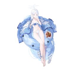 1girl absurdres alternate_costume bandaged_arm bandages barefoot bikini blue_archive colored_eyelashes feet food full_body grey_eyes halo highres hoshirapu kebab nagusa_(blue_archive) navel simple_background solo swim_ring swimsuit toes white_background white_bikini white_halo