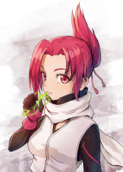 Rule 34 | 1girl, apoidea, black shirt, commentary request, folded ponytail, gloves, gradient background, hair ribbon, holding, holding leaf, kemurikusa, kemurikusa (object), leaf, long sleeves, looking at viewer, parted bangs, photo background, portrait, red gloves, red hair, red ribbon, ribbon, rin (kemurikusa), scarf, shirt, short hair, sidelocks, solo, vest, white scarf, white vest