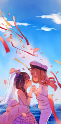 Rule 34 | 10s, 2016, 2girls, black hair, blush, bridal gauntlets, bridal veil, brown hair, cloud, commentary request, dated, day, dress, closed eyes, female admiral (kancolle), gloves, holding hands, hat, highres, imminent kiss, interlocked fingers, kantai collection, kitakami (kancolle), multiple girls, ocean, petals, shinonome pinano, sky, smile, sparkle, streamers, veil, water, wedding dress, wife and wife, yuri