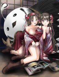 Rule 34 | 2girls, age difference, ainu clothes, animal, animal ears, aquaplus, arms around waist, beak, bent over, bird, black eyes, black hair, blush, boots, braid, breasts, cleavage, cocopo (utawarerumono: itsuwari no kamen), collarbone, family, full body, hair between eyes, hair ornament, hairband, highres, large breasts, long hair, long sleeves, low twintails, multiple girls, off shoulder, open mouth, parted bangs, red eyes, rulutieh, shis, siblings, sidelocks, sisters, tail, taka (artist), thighs, twintails, utawarerumono, utawarerumono: futari no hakuoro, utawarerumono: itsuwari no kamen, utawarerumono: lost flag, very long hair, wide sleeves