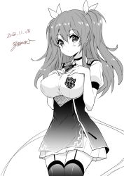 Rule 34 | 1girl, 2018, absurdres, bad id, bad twitter id, breasts, cowboy shot, dated, garter straps, greyscale, hair ribbon, highres, large breasts, long hair, looking at viewer, monochrome, pleated skirt, rakudai kishi no cavalry, ribbon, short sleeves, signature, simple background, skirt, solo, soramichi megumu, stella vermillion, thighhighs, two side up, white background