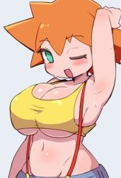 Rule 34 | 1girl, adapted costume, asymmetrical hair, bare legs, blush, breast slip, breasts, cleavage, covered erect nipples, cowboy shot, creatures (company), crop top, game freak, green eyes, gym leader, large breasts, legs, looking at viewer, misty (pokemon), miyazero, nintendo, nipples, one eye closed, open mouth, orange hair, pokemon, pokemon (anime), pokemon (classic anime), ponytail, shirt, short hair, side ponytail, simple background, smile, solo, suspenders, tank top, underboob, upper body, white background, wink, yellow shirt, yellow tank top