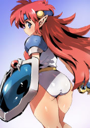 Rule 34 | 1girl, armor, ass, belt, blue eyes, breastplate, commentary request, elf, expressionless, from behind, gem, headband, highres, leotard, long hair, looking back, mail (popful mail), pauldrons, pointy ears, popful mail, puchidori, red hair, shield, shoulder armor, solo, sword, thighs, weapon, white leotard