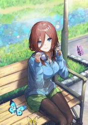 Rule 34 | 1girl, absurdres, blue cardigan, blue eyes, blue sweater, breasts, bug, butterfly, cardigan, closed mouth, eyes visible through hair, go-toubun no hanayome, green skirt, hair between eyes, headphones, headphones around neck, highres, hone (hone art), insect, large breasts, long hair, long sleeves, nakano miku, on bench, outdoors, pantyhose, red hair, sitting, skirt, smile, solo, sweater