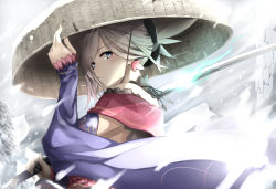 Rule 34 | 1girl, absurdres, blonde hair, blue eyes, commentary request, detached sleeves, earrings, fate/grand order, fate (series), from side, fuu (fuore), hair ornament, hand on headwear, hand up, hat, highres, holding, holding sword, holding weapon, japanese clothes, jewelry, kimono, leaf, long sleeves, long sword, looking at viewer, looking to the side, maple leaf, miyamoto musashi (fate), miyamoto musashi (third ascension) (fate), over shoulder, parted lips, short hair, snowing, solo, standing, sword, weapon, weapon over shoulder