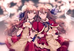 Rule 34 | 2girls, blurry, blurry background, bokeh, bow, brown hair, candle, capelet, depth of field, dress, hair between eyes, hair bow, holding, holding candle, idolmaster, idolmaster shiny colors, layered dress, long hair, migolu, multiple girls, one eye closed, open mouth, osaki amana, osaki tenka, red capelet, red dress, siblings, sidelocks, sisters, tareme, two-tone bow, wristband, yellow eyes