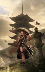 Rule 34 | 1girl, absurdres, bird, black cloak, brown hair, cloak, cloud, cloudy sky, commentary request, contrapposto, flute, gawako, grass, highres, hime cut, instrument, katana, long hair, mountain, multiple weapons, music, okobo, original, outdoors, pagoda, playing instrument, red eyes, sandals, sandogasa, scabbard, sheath, sheathed, signature, sky, solo, stone lantern, string, string of fate, sword, weapon, wide shot