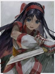 Rule 34 | 1girl, ainu clothes, blood, blood on clothes, blood on face, blue eyes, breasts, fighting stance, fingerless gloves, gloves, hair ribbon, highres, legs, looking at viewer, nakoruru, oni gini, open mouth, purple hair, rain, ribbon, samurai spirits, small breasts, smile, snk, solo, the king of fighters, thighs, weapon, wet