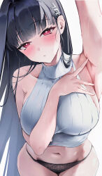 Rule 34 | 1girl, absurdres, arm up, armpits, bare shoulders, black hair, black panties, blue archive, blunt bangs, blush, breasts, bright pupils, commentary request, cropped sweater, fangwan, hair ornament, hairclip, highres, large breasts, long hair, looking at viewer, midriff, navel, panties, presenting armpit, red eyes, ribbed sweater, rio (blue archive), sleeveless, sleeveless sweater, solo, spread armpit, sweat, sweater, turtleneck, turtleneck sweater, underwear, very long hair, white background, white sweater