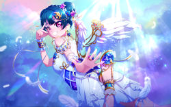 Rule 34 | 1girl, absurdres, alternate hairstyle, angel of eden (love live!), angel wings, ankle cuffs, artist name, artist request, back bow, bare legs, bare shoulders, blue bow, blue flower, blue footwear, blue hair, blue skirt, blue sky, blue wrist cuffs, blush, bow, braid, breasts, cloud, collarbone, crown braid, crystal hair ornament, double bun, dress, feathers, female focus, flower, frilled dress, frills, from behind, hair bun, hair flower, hair ornament, hair ribbon, high heels, highres, jewelry, looking at viewer, looking back, love live!, love live! school idol festival, love live! school idol festival all stars, love live! sunshine!!, medium breasts, miniskirt, outdoors, parted lips, pink eyes, pink flower, plaid, plaid dress, plaid skirt, pleated, pleated dress, pleated skirt, purple eyes, ribbon, ribbon-trimmed legwear, ribbon trim, ring, short hair, short sleeves, sideboob, skirt, sky, sleeveless, sleeveless dress, smile, solo, strapless, strapless dress, striped, striped bow, sunlight, teeth, tsushima yoshiko, v, v over eye, white detached collar, white dress, white feathers, white flower, white ribbon, white skirt, white wings, white wrist cuffs, wings, wrist cuffs