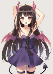 Rule 34 | 1girl, ahoge, armpits, arms up, bare shoulders, black hair, blush, demon girl, demon tail, demon wings, dress, fangs, female focus, grey background, horns, kurasawa moko, long hair, looking at viewer, open mouth, original, red eyes, simple background, solo, standing, strapless, strapless dress, striped clothes, striped thighhighs, tail, thighhighs, wings, zettai ryouiki