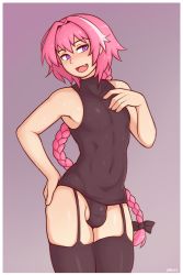 Rule 34 | 1boy, astolfo (fate), bare shoulders, bulge, covered navel, dross, fang, fate/apocrypha, fate (series), hair intakes, hand on own chest, highres, lingerie, long hair, low-tied long hair, male focus, multicolored hair, pink hair, purple eyes, skindentation, solo, standing, testicles, thighhighs, trap, two-tone hair, underwear, very long hair