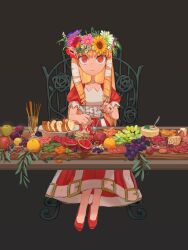 Rule 34 | 1girl, blonde hair, boku to maou, bread, chair, cheese, closed mouth, dress, flower, food, fork, fruit, full body, grapes, hair flower, hair ornament, highres, kijima (amayadori-tei), long hair, looking at viewer, nail polish, pickle, princess marlene, puffy sleeves, red eyes, red footwear, simple background, sitting, solo, table