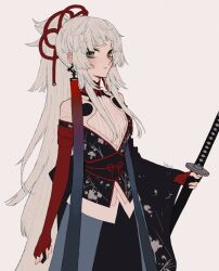 Rule 34 | 1girl, black kimono, blush, brown eyes, closed mouth, commentary request, fate/grand order, fate/samurai remnant, fate (series), grey hair, hair ornament, highres, holding, holding sword, holding weapon, japanese clothes, katana, kimono, long hair, obi, official alternate costume, ponytail, sash, signature, simple background, single sleeve, solo, sword, very long hair, weapon, white background, yui shousetsu (fate), yui shousetsu (third ascension) (fate), yumeko (fgo39625963)