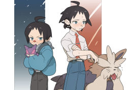 Rule 34 | 1boy, ahoge, belt, black hair, blue jacket, blue pants, blush, cheren (pokemon), collared shirt, commentary request, creatures (company), flying sweatdrops, game freak, gen 5 pokemon, glasses, grey scarf, holding, holding pokemon, jacket, male focus, mimura (nnnnnnnnmoo), necktie, nintendo, pants, pokemon, pokemon (creature), pokemon bw, pokemon bw2, purrloin, scarf, shirt, sleeves rolled up, stoutland, sweat, white shirt