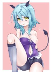 Rule 34 | 10s, 1girl, aged down, bad id, bad pixiv id, bare shoulders, bike shorts, blue hair, blush, breasts, cameltoe, clothing cutout, demon girl, demon tail, female focus, hair over shoulder, head wings, heart, ishido mutsuki, kneehighs, leg up, light blue hair, long hair, looking at viewer, medium breasts, navel, navel cutout, nipples, one breast out, open mouth, pink background, show by rock!!, sitting, socks, solo, sweat, tail, victorias, wings, yellow eyes