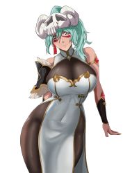 Rule 34 | 1girl, absurdres, aqua hair, bare shoulders, bleach, bodysuit, breasts, china dress, chinese clothes, cleavage, covered navel, dark-skinned female, dark skin, dress, facial mark, grey eyes, highres, huge breasts, iwao178, long hair, looking at viewer, mask, mask on head, nelliel tu odelschwanck, ponytail, simple background, smile, solo, white background