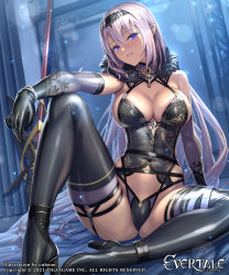 Rule 34 | 1girl, arm support, artist name, bare shoulders, black footwear, black thighhighs, boots, bracelet, breasts, cleavage, commentary request, company connection, cuboon, dark-skinned female, dark skin, elbow gloves, elmina (evertale), evertale, feather trim, gloves, high heels, highres, jewelry, knee up, large breasts, lips, logo, long hair, looking at viewer, official art, parted lips, pointy ears, polearm, purple eyes, purple hair, shiny clothes, shiny skin, simple background, sitting, sleeveless, smile, solo, spear, thigh boots, thighhighs, thighs, tiara, weapon