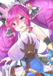 Rule 34 | 1boy, 1girl, bare shoulders, bell, blush, breasts, cleo (dragalia lost), cygames, dragalia lost, grabbing, grabbing another&#039;s breast, groping, hair bell, hair ornament, highres, large breasts, long hair, nintendo, open mouth, pink hair, purple eyes, simple background, solo focus, twintails, very long hair, wavy mouth, white background