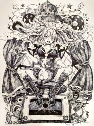 Rule 34 | 1girl, :d, blush, boots, bow, bra, breasts, camera, choker, cleavage, crescent moon, curtains, danganronpa: trigger happy havoc, danganronpa (series), enoshima junko, greyscale, hammer, holding, holding hammer, knee boots, large breasts, long hair, miniskirt, monochrome, monokuma, moon, open mouth, plaid, plaid skirt, shirt, shirt bow, sitting, skirt, smile, solo, teeth, tetose, tongue, tongue out, twintails, underwear, upper teeth only