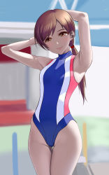 Rule 34 | 1girl, armpits, arms behind head, arms up, blue one-piece swimsuit, blush, breasts, brown eyes, brown hair, closed mouth, competition swimsuit, highres, hip focus, idolmaster, idolmaster cinderella girls, long hair, looking at viewer, medium breasts, nitta minami, one-piece swimsuit, ponytail, smile, solo, swept bangs, swimsuit, taka (takahirokun), thigh gap, thighs