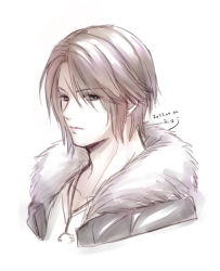 Rule 34 | 1boy, black jacket, blue eyes, brown hair, cropped torso, dated, expressionless, final fantasy, final fantasy viii, fur-trimmed jacket, fur trim, hiryuu (kana h), jacket, jewelry, looking to the side, male focus, necklace, scar, scar on face, shirt, short hair, signature, simple background, solo, squall leonhart, upper body, v-neck, white background, white shirt