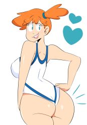 Rule 34 | 1girl, ass, blue eyes, creatures (company), from behind, game freak, highres, jinu (jinusenpai), looking back, misty (pokemon), nintendo, one-piece swimsuit, orange hair, pokemon, pokemon hgss, short hair, smile, solo, swimsuit, tagme, teeth, white one-piece swimsuit