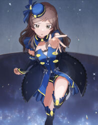Rule 34 | 1girl, black footwear, black shorts, black sleeves, blue dress, blue hat, blush, breasts, brown eyes, brown hair, detached sleeves, dot nose, dress, glint, hat, idolmaster, idolmaster million live!, idolmaster million live! theater days, kitazawa shiho, lace, lace-trimmed dress, lace trim, layered dress, leg up, long hair, long sleeves, looking at viewer, medium breasts, parted lips, reaching, reaching towards viewer, shirop imas, shorts, solo, sparkle, standing, standing on one leg, two-tone background, yellow trim, zipper, zipper pull tab