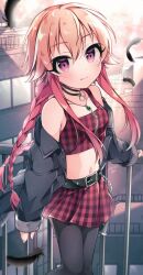 Rule 34 | 1girl, ahoge, belt, black belt, black feathers, black jacket, black pantyhose, blush, braid, breasts, building, checkered clothes, checkered shirt, checkered skirt, cloud, cloudy sky, collarbone, commentary, crop top, feathers, fence, hair between eyes, hair flaps, highres, idolmaster, idolmaster cinderella girls, jacket, jewelry, light brown hair, long hair, long sleeves, looking at viewer, midriff, multicolored hair, navel, necklace, ninomiya asuka, outdoors, pantyhose, purple eyes, red hair, red shirt, red skirt, shirt, sidelocks, skirt, sky, small breasts, smile, solo, sunlight, twin braids, two-tone hair, zy jomi