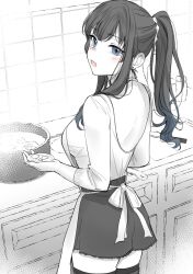 Rule 34 | 1girl, apron, back, blue eyes, blush, carrot (robosquat), cooking, earrings, highres, indoors, jewelry, long hair, looking at viewer, looking back, miniskirt, monochrome, open mouth, original, ponytail, shirt, skirt, solo, spot color, stud earrings, thighhighs, zettai ryouiki