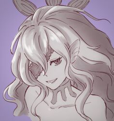 Rule 34 | 1girl, animal ears, bare shoulders, bat ears, collarbone, embla (fire emblem), eyelashes, eyepatch, fire emblem, fire emblem heroes, hair between eyes, highres, lace-trimmed eyepatch, long hair, looking at viewer, monochrome, nintendo, one eye covered, purple background, smile, solo, tea6043, upper body