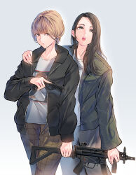 2girls baby_walkure black_eyes black_hair black_jacket blonde_hair brown_pants closed_mouth daito fukagawa_mahiro grey_background grey_pants grey_shirt gun h&amp;k_mp5k h&amp;k_usp hand_on_another&#039;s_shoulder handgun highres holding holding_gun holding_weapon jacket long_hair long_sleeves multiple_girls open_clothes open_jacket open_mouth pants plaid_clothes plaid_pants shirt short_hair simple_background submachine_gun sugimoto_chisato teeth trigger_discipline upper_teeth_only weapon weapon_request white_shirt zipper