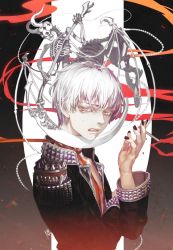 Rule 34 | 1boy, black jacket, death (entity), fangs, grimace, jacket, long sleeves, looking at viewer, male focus, mole, mole under eye, oollnoxlloo, open clothes, open jacket, original, parted lips, scythe, signature, skeleton, topless male, white hair, wings