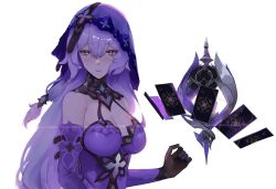 Rule 34 | 1girl, absurdres, bare shoulders, black gloves, black swan (honkai: star rail), breasts, card, cleavage, commentary, dress, elbow gloves, floating card, gloves, highres, honkai: star rail, honkai (series), large breasts, long hair, purple dress, purple hair, simple background, sleeveless, sleeveless dress, smurtz, solo, upper body, veil, very long hair, white background