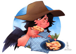 Rule 34 | bandana, black hair, black wings, blush, bread, breasts, brown hat, chewing, cowboy hat, eating, feathered wings, food, frilled shirt, frills, hat, holding, holding food, kurokoma saki, long hair, medium breasts, off-shoulder shirt, off shoulder, onikobe rin, pegasus wings, pinky out, plate, red eyes, shiny skin, shirt, signature, simple background, sky, smile, touhou, tree, twitter username, wings