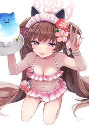 Rule 34 | 1girl, animal ears, bikini, blue archive, blush, bracelet, breasts, brown hair, charm (object), fingernails, flower, food, frilled bikini, frills, hair flower, hair ornament, halo, heart, heart-shaped pupils, highres, holding, jewelry, long hair, looking at viewer, maid headdress, medium breasts, open mouth, pink flower, pink pupils, purple eyes, red flower, saburou 03, shaved ice, shizuko (blue archive), shizuko (swimsuit) (blue archive), simple background, solo, swimsuit, symbol-shaped pupils, twintails, v, very long hair, white background