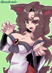 Rule 34 | 1girl, animal ears, breasts, brooch, brown hair, cleavage, collarbone, dress, fangs, female focus, fighting stance, fingernails, green background, ichigatsu toshikazu, imaizumi kagerou, jewelry, large breasts, long hair, long sleeves, looking at viewer, messy hair, mutsuki riichi, off shoulder, open mouth, red eyes, sharp fingernails, simple background, solo, tail, touhou, twitter username, wide sleeves, wolf ears, wolf tail