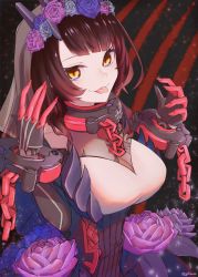 Rule 34 | 1girl, android, black dress, blue flower, breasts, brown hair, cleavage, dress, flower, flower wreath, gollizo, gradient hair, highres, hololive, long hair, looking at viewer, mechanical arms, medium breasts, multicolored hair, open hands, pink hair, purple flower, roboco-san, roboco-san (dark bride), science fiction, solo, tongue, tongue out, veil, virtual youtuber, wrist chain